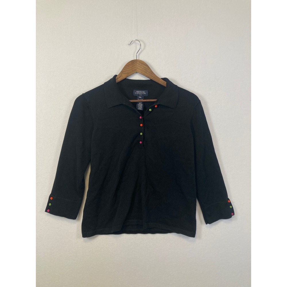 Jones New‎ York Signature Petite Black 3/4 Sleeve Polo Colorful Button Detail